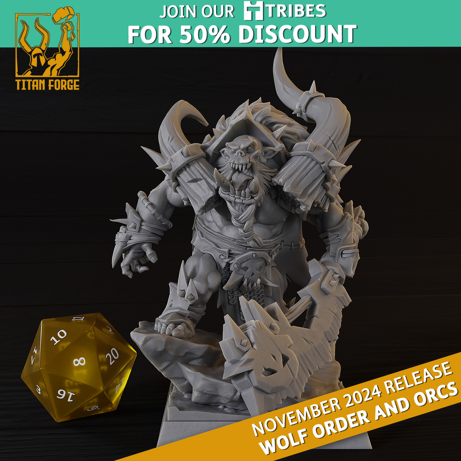 Orc Warlord on Foot - Wolf Order and Orcs - Titan Forge Miniatures November 2024